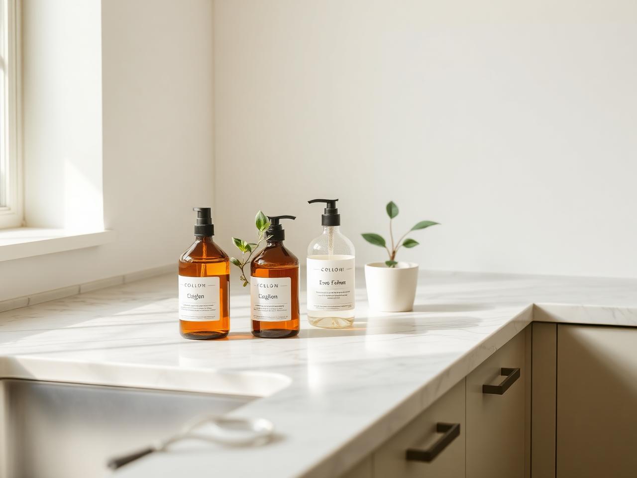 Eco-friendly cleaning products on a marble counter